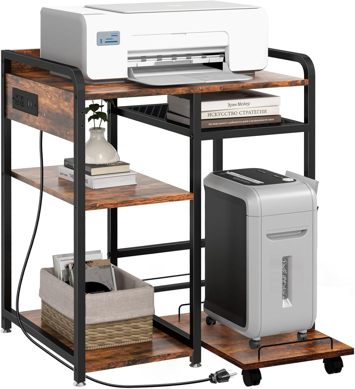 3-Tier Printer Stand with Storage Shelf and Power Outlet for Home Office