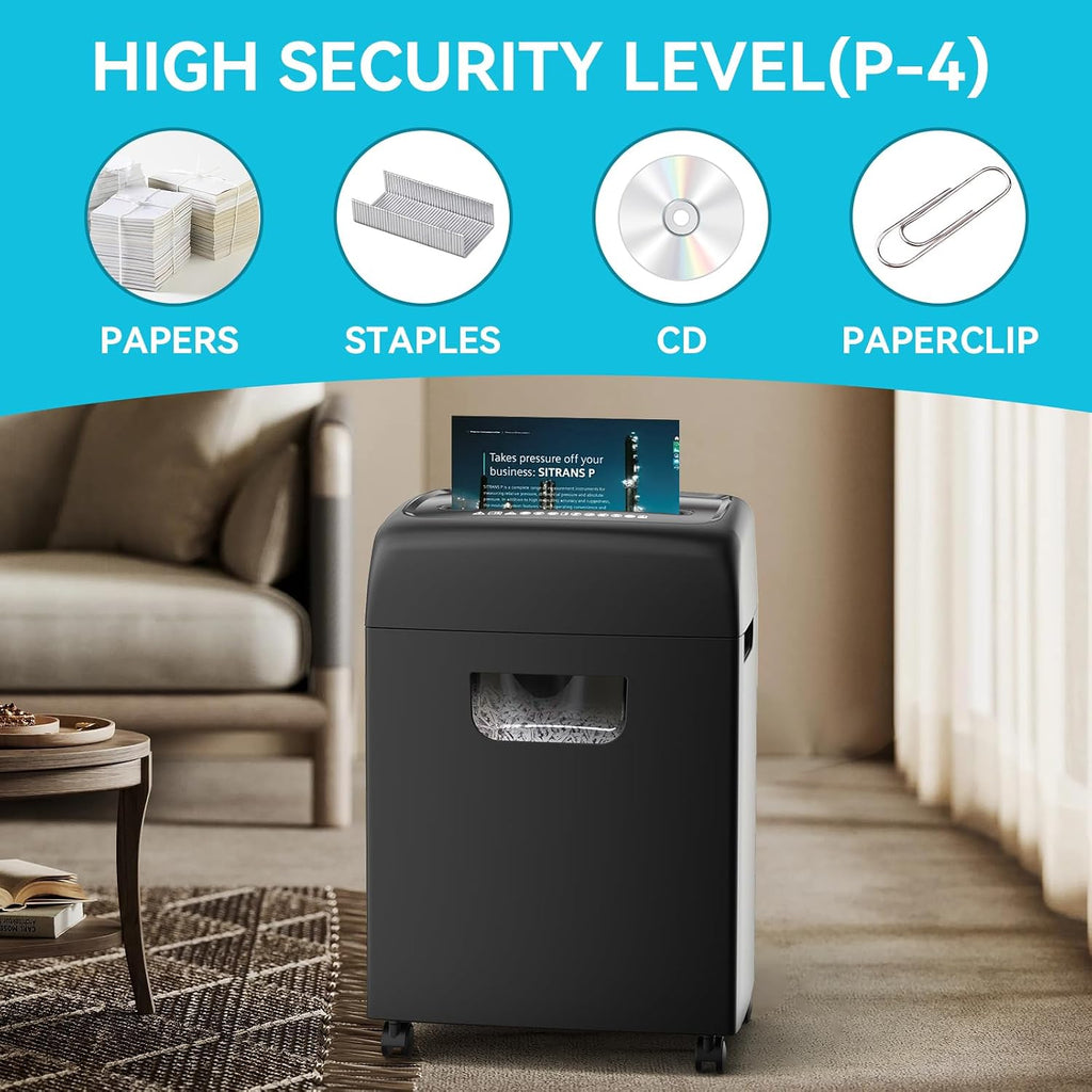22-Sheet Heavy Duty Paper Shredder P-4 High Security Cross Cut 56 dB Ultra Quiet 9.24 Gallon Pull-Out Waste Bin for Home Office Commercial Use Shreds Cardboard Paper Credit Cards 20-Minute Run Time