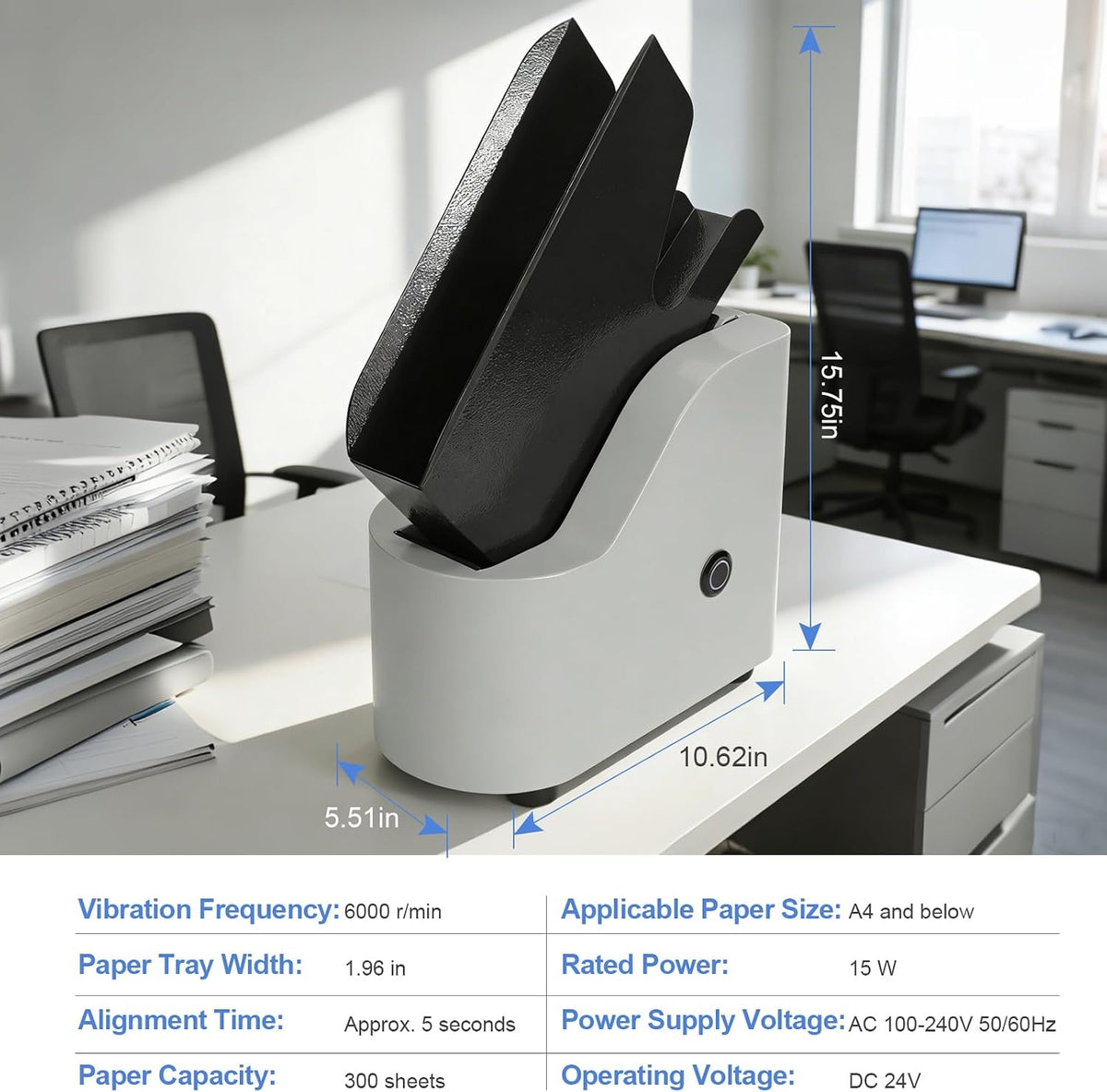 Automatic Desktop Paper Jogger, 5-Second Sorting 300-Sheet Capacity 6000R/Min Vibration Air-Blowing Desktop Paper Organizer for A4/A5/A6 Paper Sizes