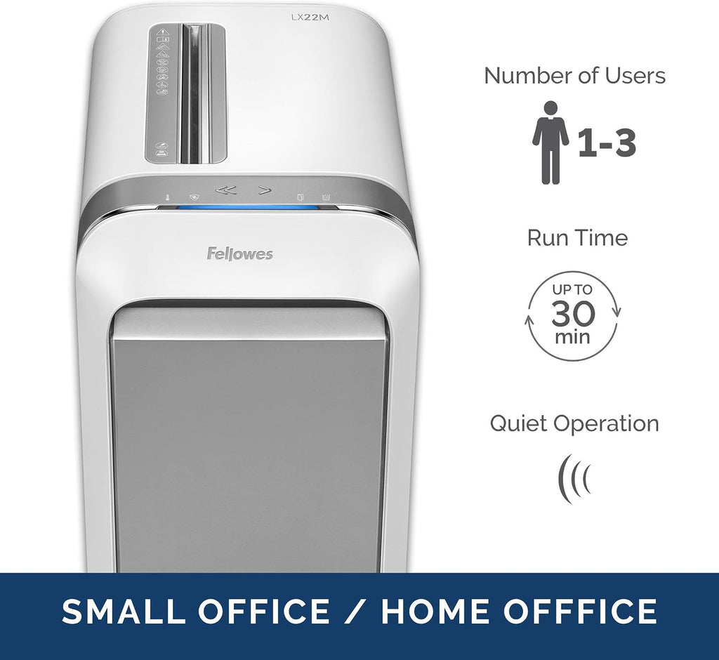 Fellowes LX22M 20 Sheet P-4 Micro-Cut, Heavy Duty Paper Shredder for Office, 100% Jam Proof (White) & Powershred Performance Shredder Oil, 12 oz. Extended Nozzle Bottle (35250)