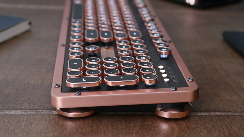 Azio Retro Classic Bluetooth Elwood - Bluetooth Luxury Vintage Backlit Mechanical Keyboard (Blue Switch, Walnut Wood, Gunmetal Matte Frame)(MK-RETRO-W-BT-01-US)