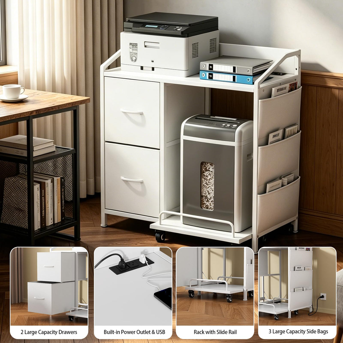 Printer Stand with Storage, Lateral Office Filing Cabinets with Power outlets & USB Charging Port, File Cabinet with Large Printer Stands for Home Office, Shredder Stand Rack (Black)