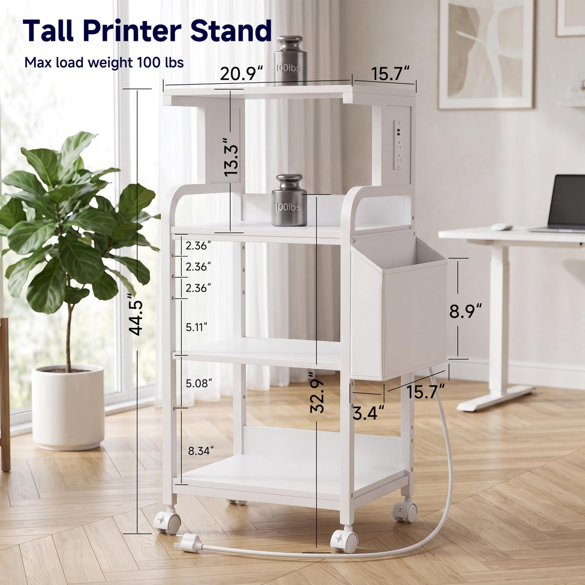 Tall Printer Stand with Charging Station, 4-Tier Mobile Cart, White