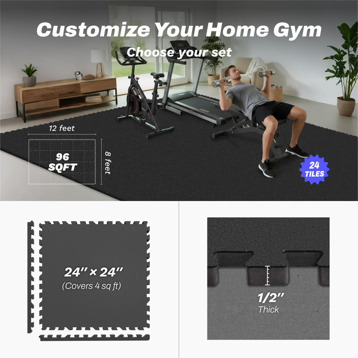 AIRHOP 1/2" Thick 48 Sq Ft Gym Flooring for Home Gym, Rubber Top Gym Mats