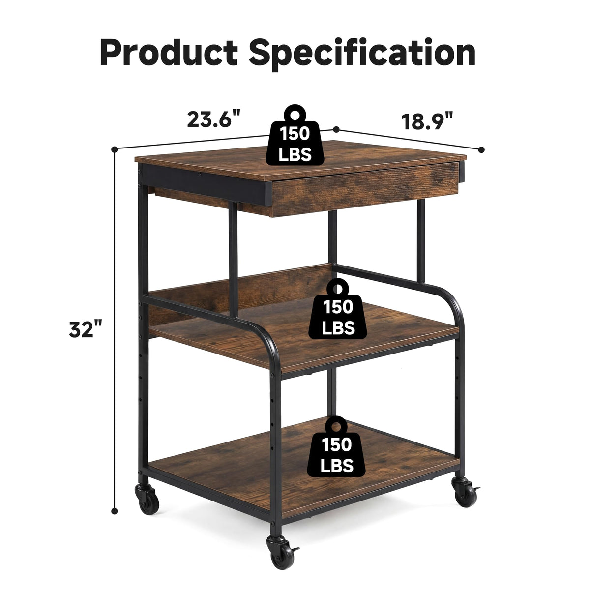 Tall Printer Stand with Charging Station, 4-Tier Mobile Cart, White
