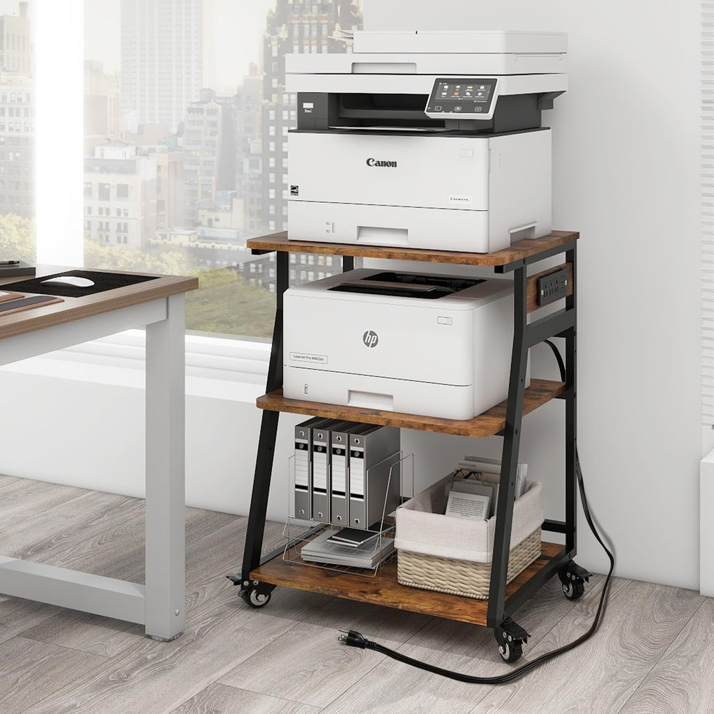 Natwind 3 Tier Large Printer Stand, 24"x20", with Charging Station,White