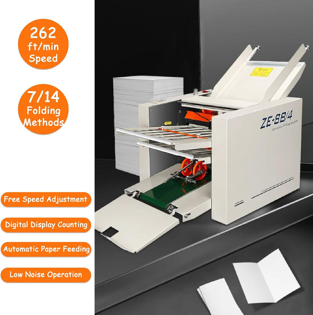 Digital Paper Folder 110V, Automatic Document Folding Machine w/ 4 Trays, Electronic Counter, Adjustable Speed (262ft/min Max), Desktop Paper Folding Machine for Manuals, Docs, Letters