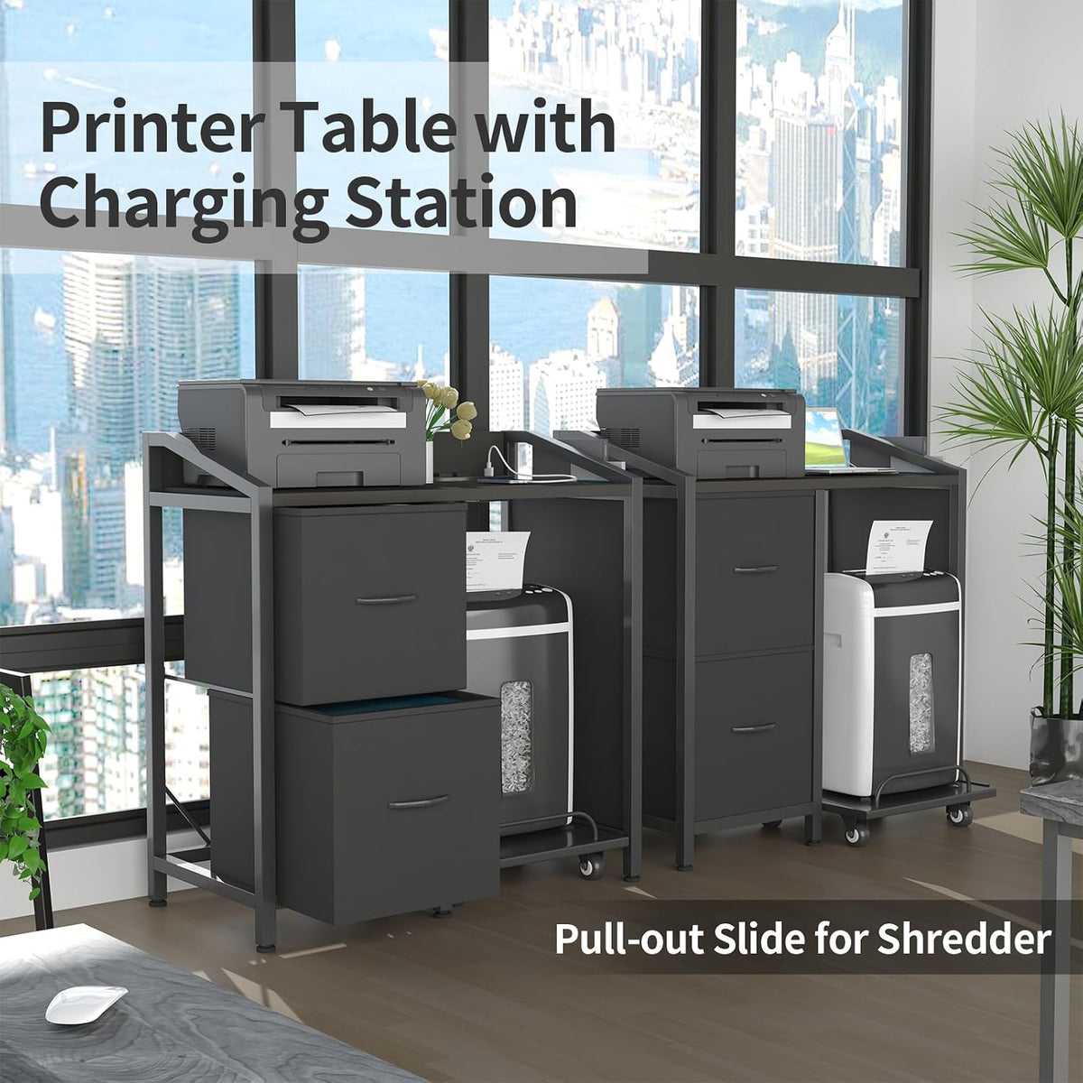 Printer Stand with Storage, Lateral Office Filing Cabinets with Power outlets & USB Charging Port, File Cabinet with Large Printer Stands for Home Office, Shredder Stand Rack (Black)