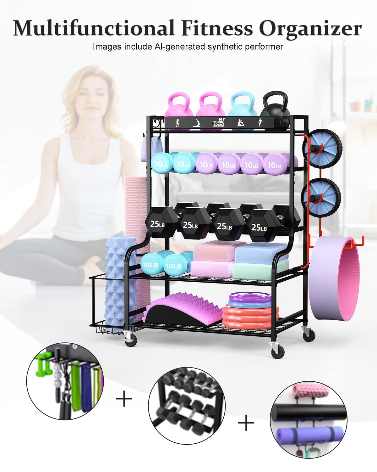 Mythinglogic Home Gym Storage Rack with Wheels for Dumbbells and Yoga Mats
