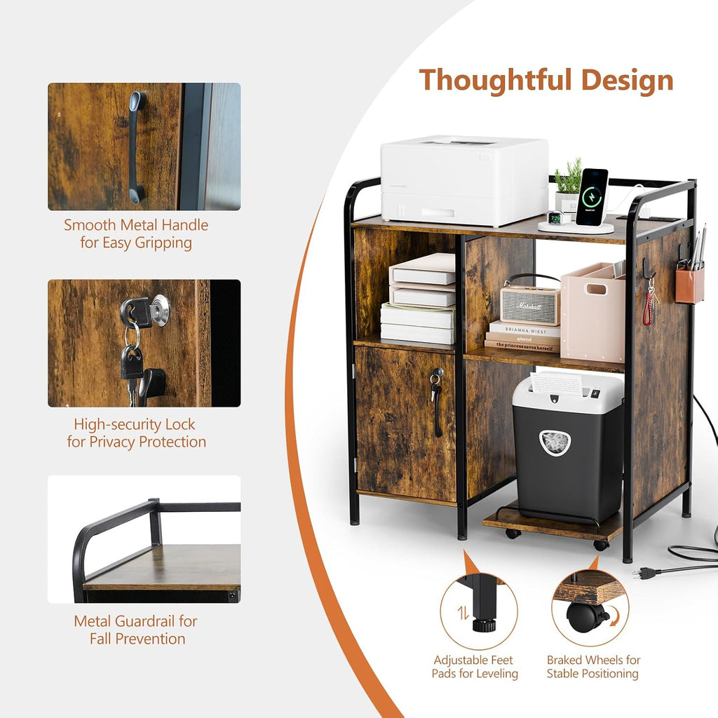 VINGLI Multifunctional Printer Stand with Trolley, Paper Shredder Stand Rack with Wheels, Lateral Office Storage Cabinets with Socket and USB Charging Port, Open Shelves for Home Office, Rustic Brown