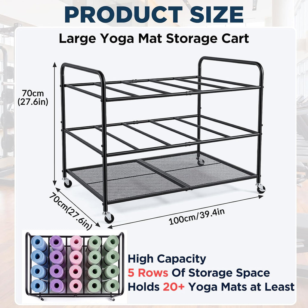 Large Yoga Mat Storage Cart Basket 39.4'' x 27.6'' x 27.6'' Home Gym Storage Rack with Wheels Metal Yoga Mat Holder Basket Foam Rollers Organizer for Gym Studio Hold 20 Exercise Mats