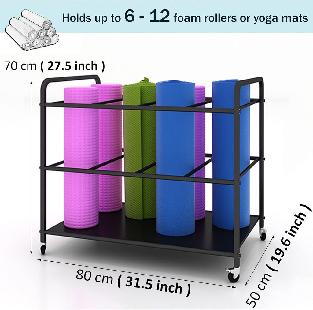 Home Gym Yoga Mat Rack - Rolling Foam Roller Storage Cart with Lockable Wheels, Metal Stand for Exercise Mats & Runner Rugs, Black, 31.5"X19.6"X27.5",Black,31.5x19.6x27.5in