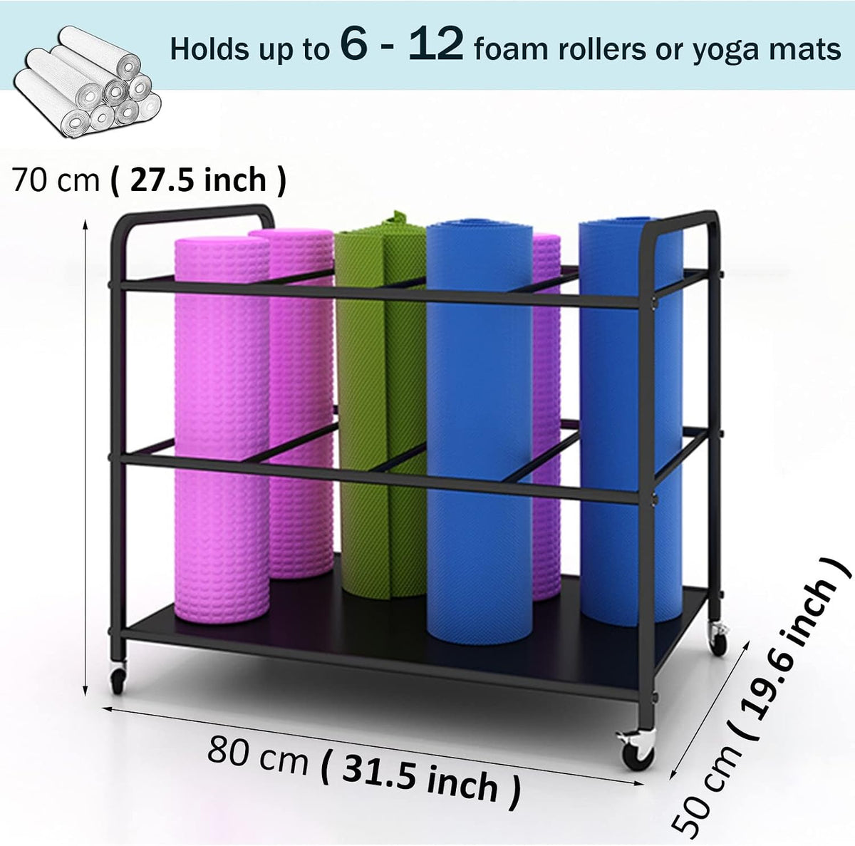 Home Gym Yoga Mat Rack - Rolling Foam Roller Storage Cart with Lockable Wheels, Metal Stand for Exercise Mats & Runner Rugs, Black, 31.5"X19.6"X27.5",Black,31.5x19.6x27.5in