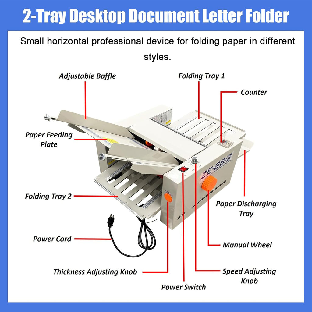 Automatic Paper Folding Machine 2-Tray Desktop Document Letter Folder with Counter & Speed Control for A4/Letter Manuals, Brochures, Cards up to 12" x 27" (40-125g Paper) Commercial Use