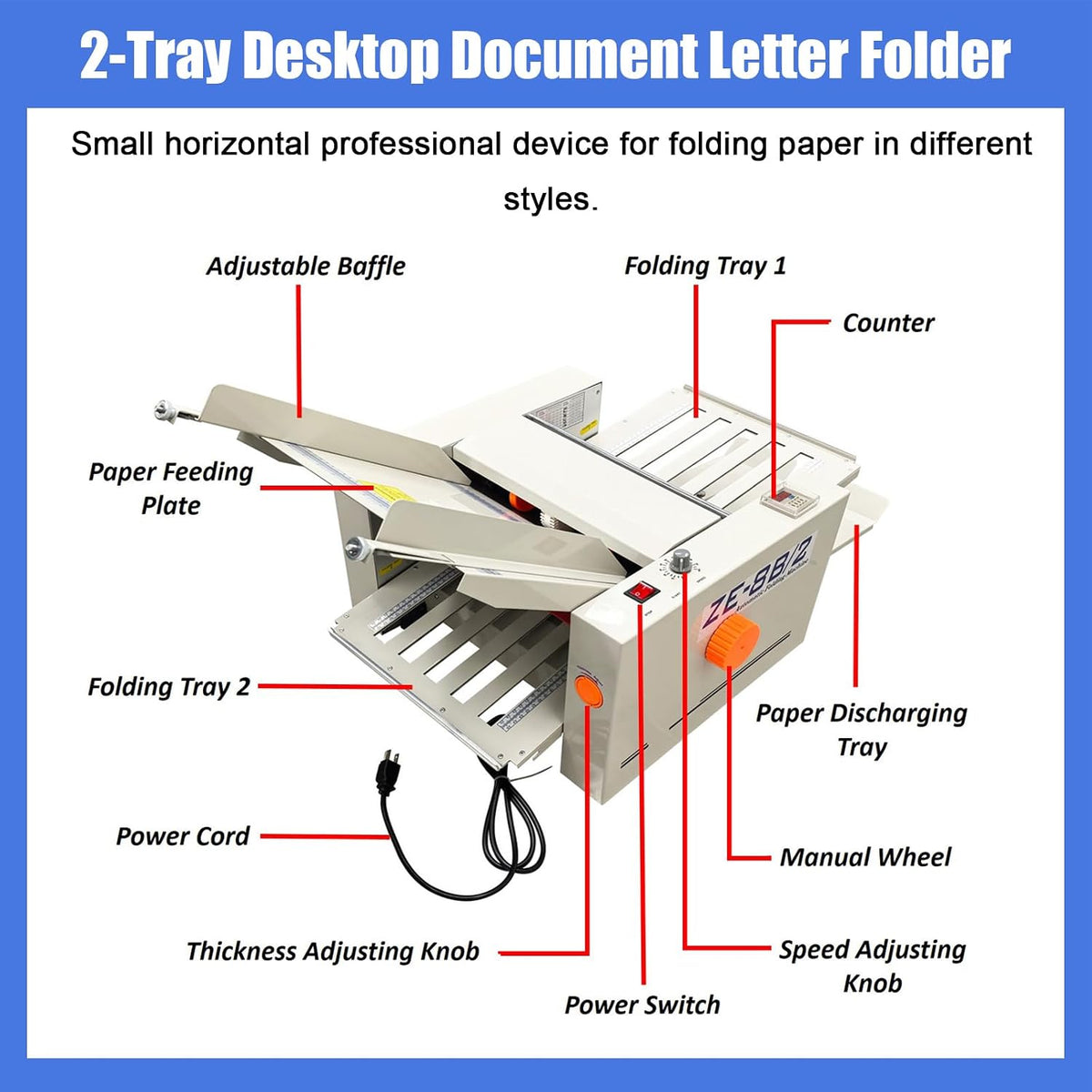 Automatic Paper Folding Machine 2-Tray Desktop Document Letter Folder with Counter & Speed Control for A4/Letter Manuals, Brochures, Cards up to 12" x 27" (40-125g Paper) Commercial Use