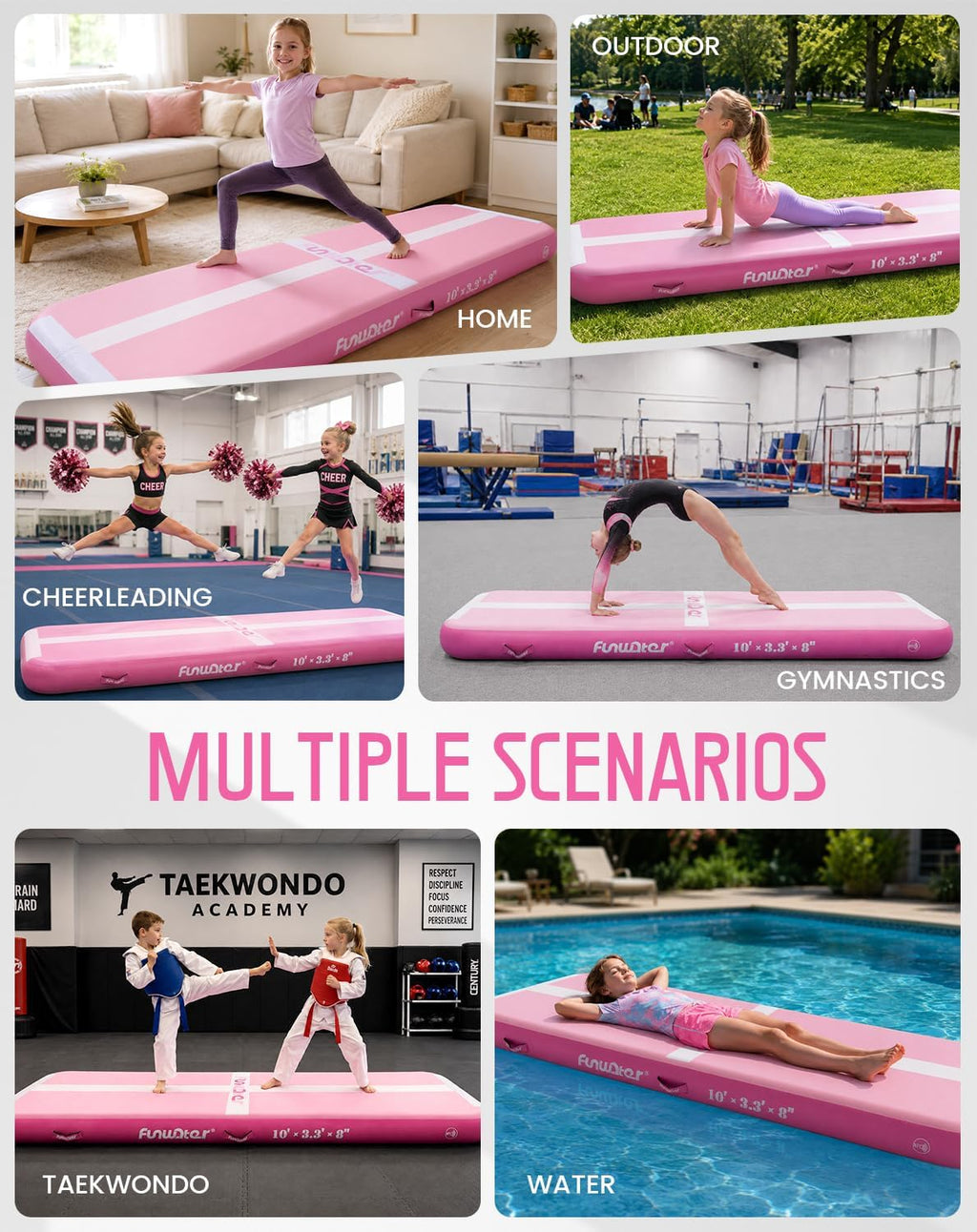 FunWater 10ft Inflatable Gymnastics Tumble Track Tumbling Mat 8in Thick Air Floor Tumble Track with Electric Pump for Cheer Leading/Gymnastics/Beach/Gym/Home