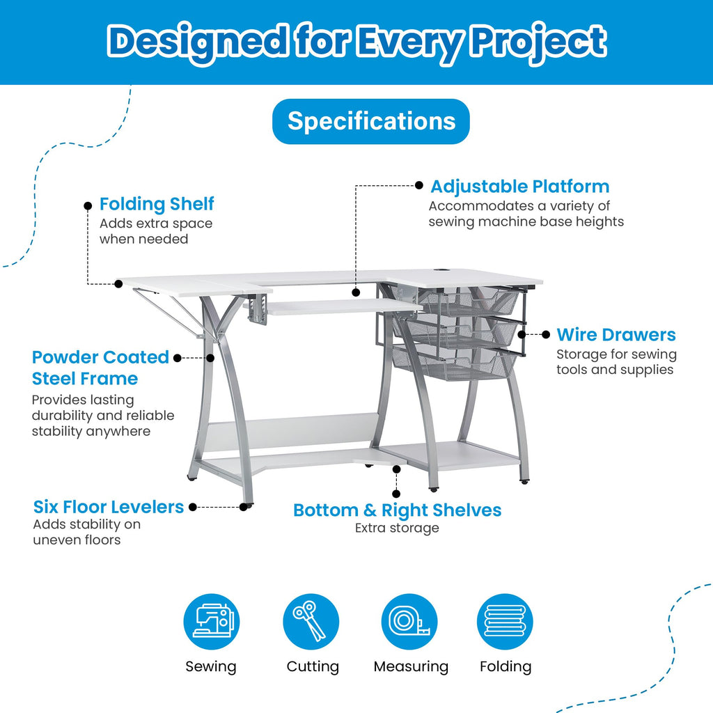 Sew Ready Folding Multipurpose Sewing Table - 47.5" W x 28" D Foldable White Hobby and Sewing Machine Table with Adjustable Shelf - Can Also Be Used as Computer Desk