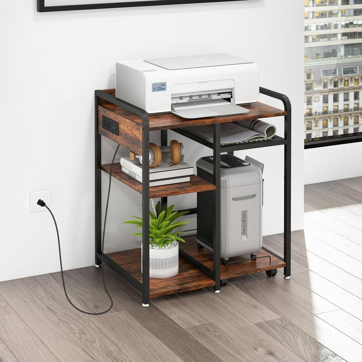 3-Tier Printer Stand with Storage Shelf and Power Outlet for Home Office