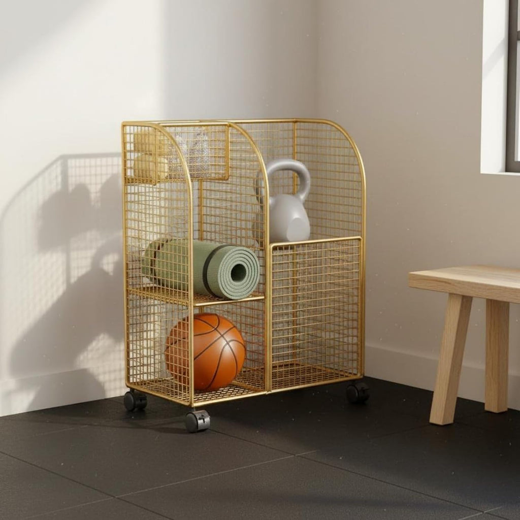 Mobile Basket Household Storage Cart Organizer Rack Mat Holder with Wheels Iron Mesh Dividers for Exercise Mats Foam Rollers Dumbbells Balls Suitable for Home Gyms Apartments Condos