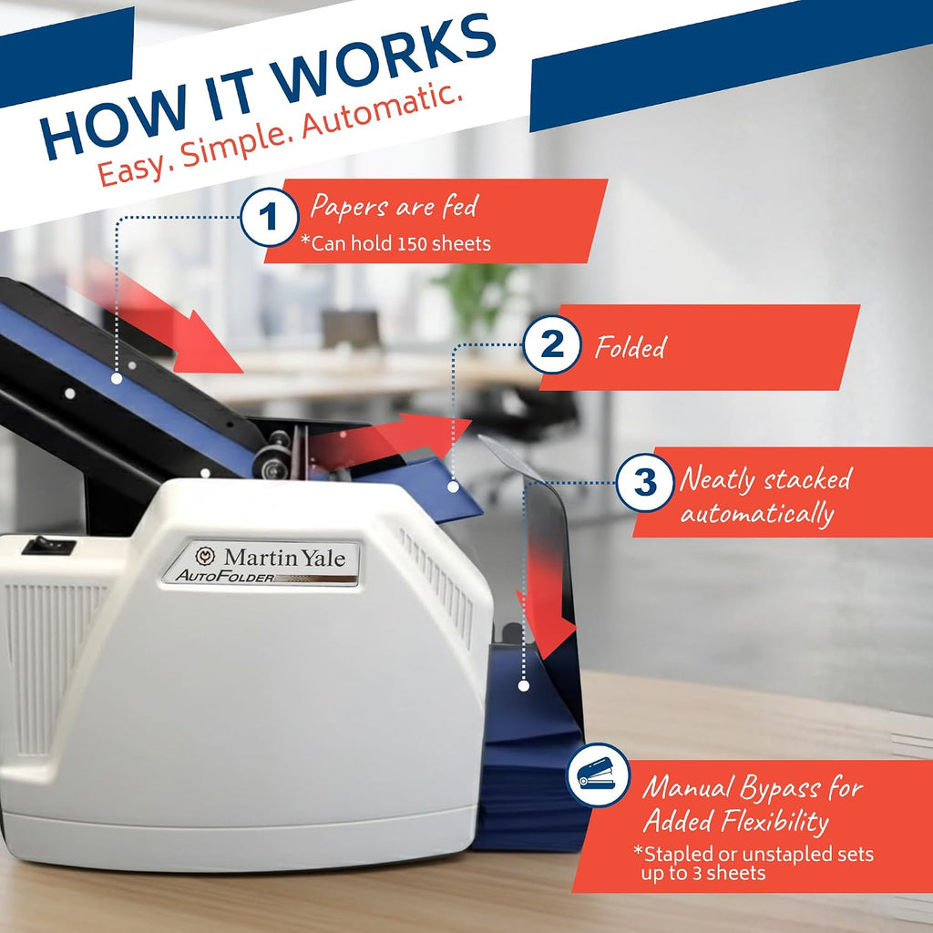 Martin Yale 1501X Automatic Paper Folder, Document Folder with Manual Feed for Stapled Sets up to 3 Sheets, 5 Fold Types, 150 Sheet Capacity, Up to 7,500 Sheets per Hour