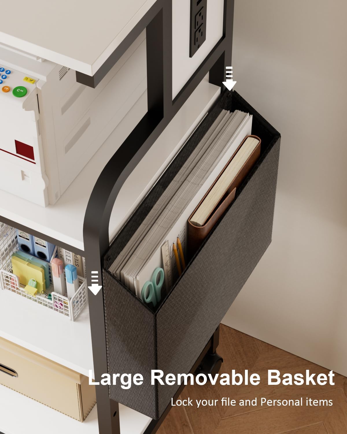 Tall Printer Stand with Charging Station, 4-Tier Mobile Cart, White