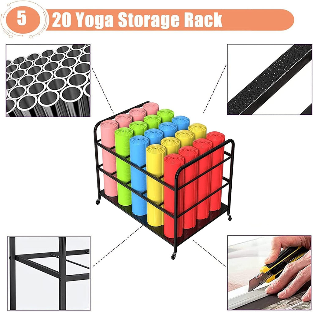 Large Yoga Mat Storage Cart with Wheels, Floor Metal Yoga Mat Holder Basket, Gym Foam Rollers Organizer, for Gym/Yoga Studio Hold 20 Exercise Mats