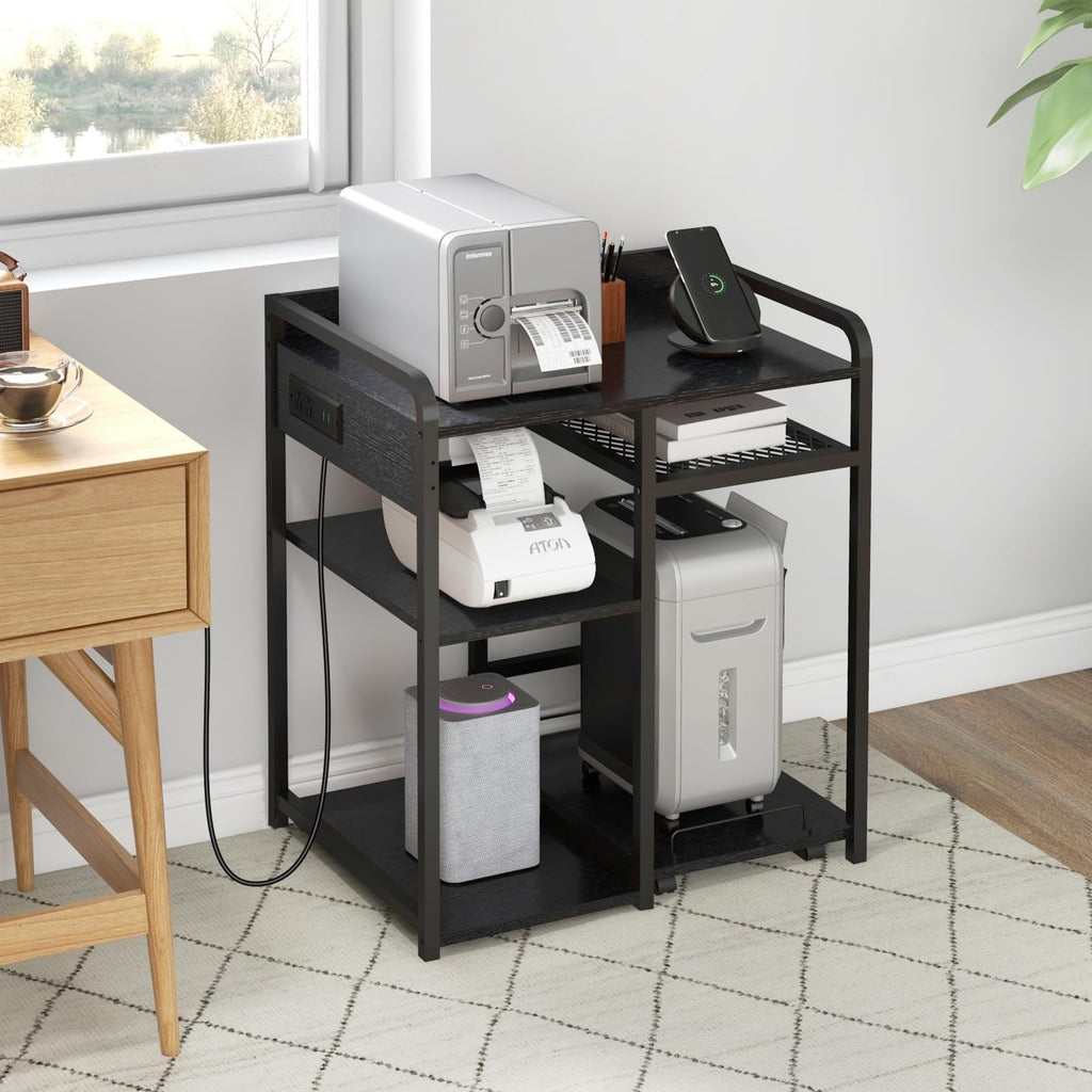 3-Tier Printer Stand with Storage Shelf and Power Outlet for Home Office