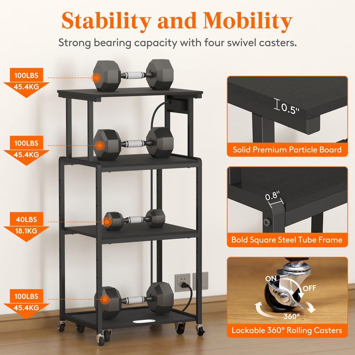 Lifewit 4 Tier Printer Stand with Power & Wheels, Office Cart, Rustic Brown