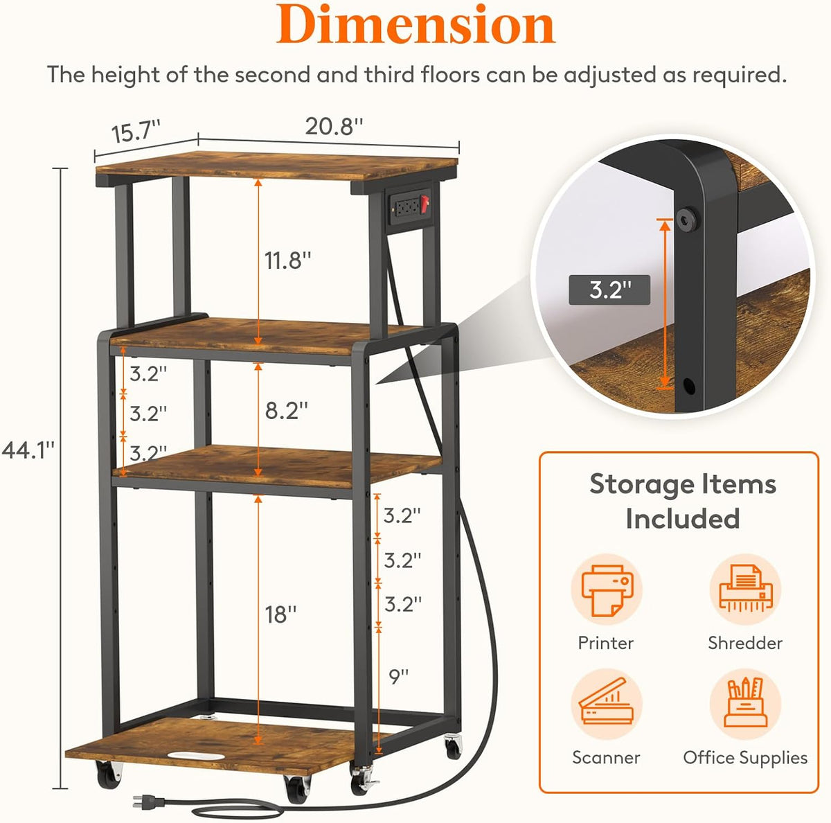 Lifewit 4 Tier Printer Stand with Power & Wheels, Office Cart, Rustic Brown