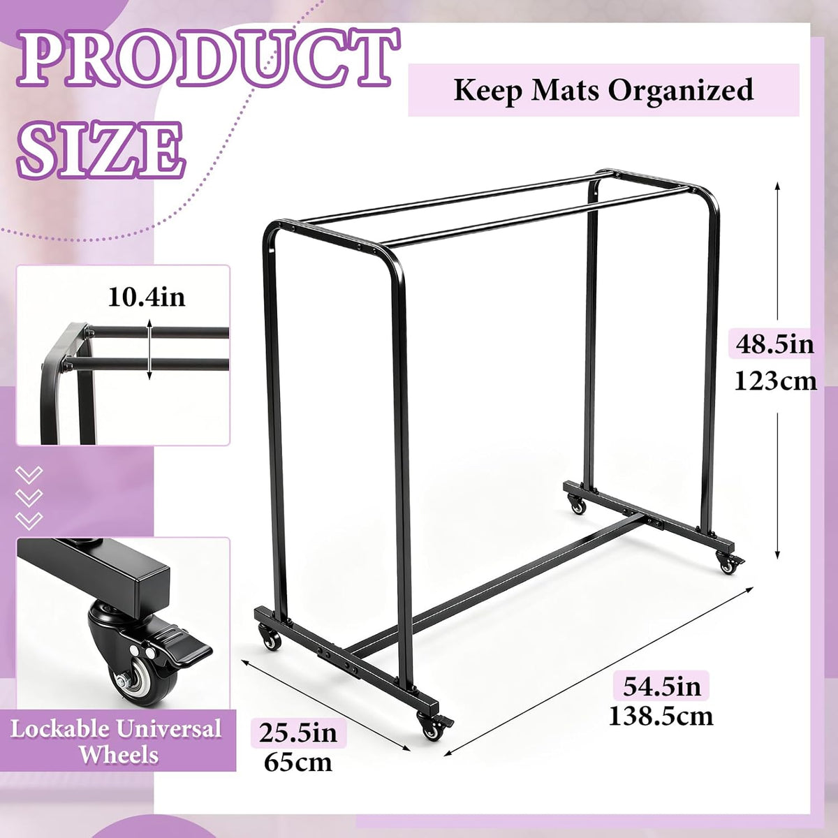 DaisyInner Yoga Mat Storage Rack with Wheels Holds up to 60-120 Yoga Mats Alloy Steel Rolling Exercise Mat Cart 54.5 x 48.5 x 25.5 Inches for Commercial Gym Studio School