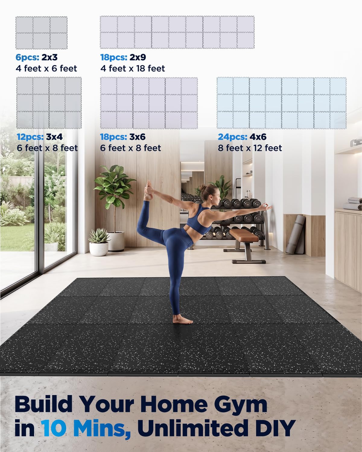 0.6" Thicker 12 Pcs Rubber Top Gym Flooring for Home Gym, Gym Mat