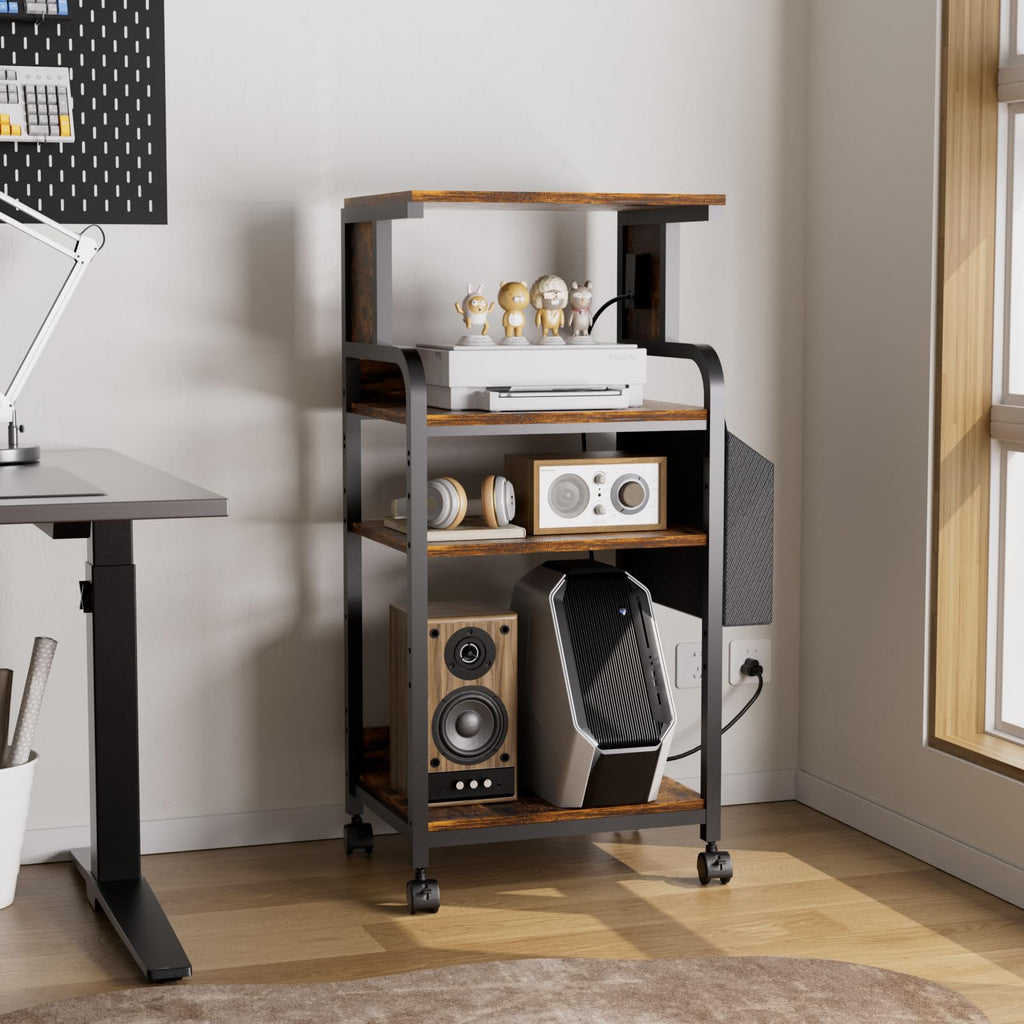 Tall Printer Stand with Charging Station, 4-Tier Mobile Cart, White
