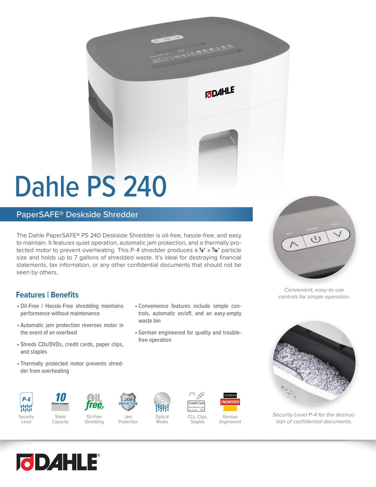 Dahle PaperSAFE PS 100 Paper Shredder, Oil Free, Jam Protection, Security Level P-4, 5 Sheet Max, Shreds Staples, Paper Clips & Credit Cards