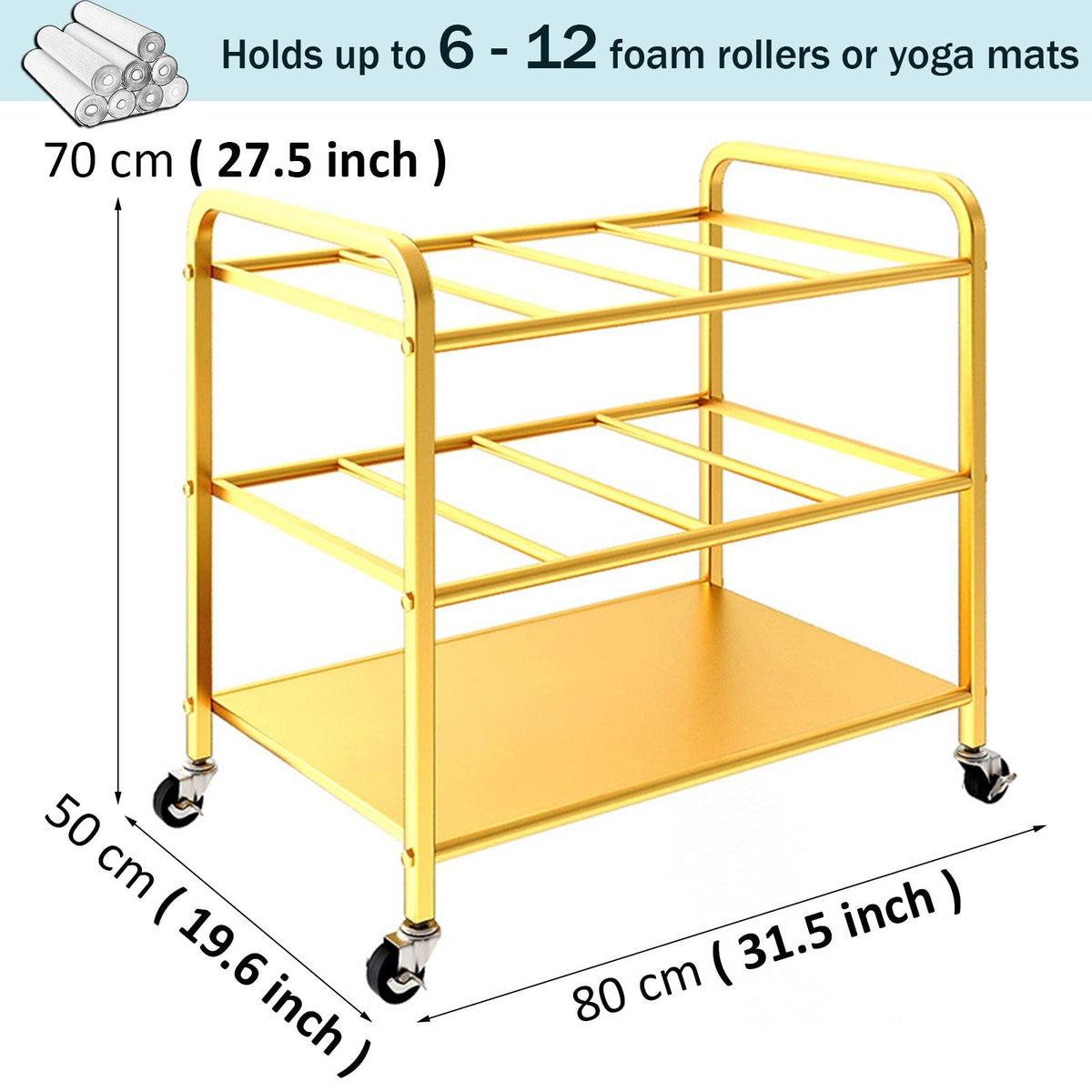 Home Gym Yoga Mat Rack - Rolling Foam Roller Storage Cart with Lockable Wheels, Metal Stand for Exercise Mats & Runner Rugs, Black, 31.5"X19.6"X27.5",Black,31.5x19.6x27.5in