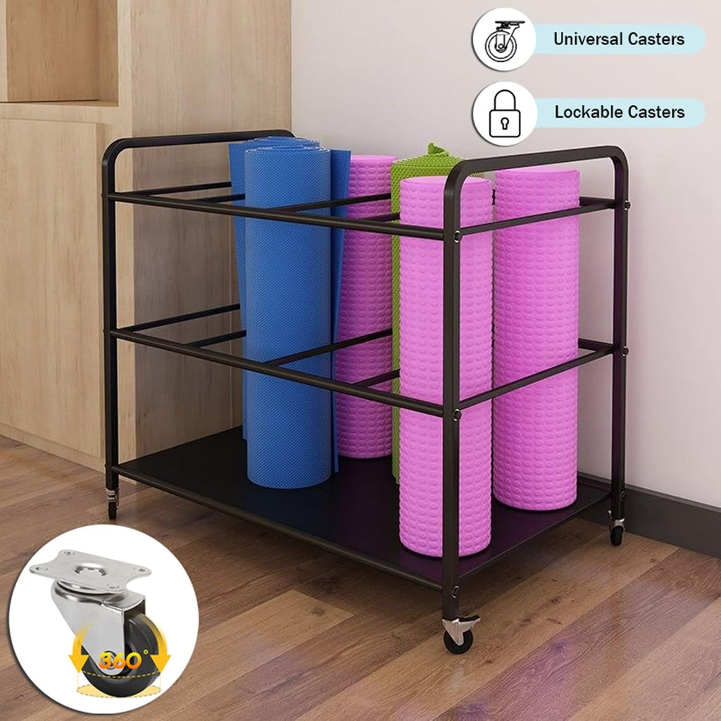 Home Gym Yoga Mat Rack - Rolling Foam Roller Storage Cart with Lockable Wheels, Metal Stand for Exercise Mats & Runner Rugs, Black, 31.5"X19.6"X27.5",Black,31.5x19.6x27.5in