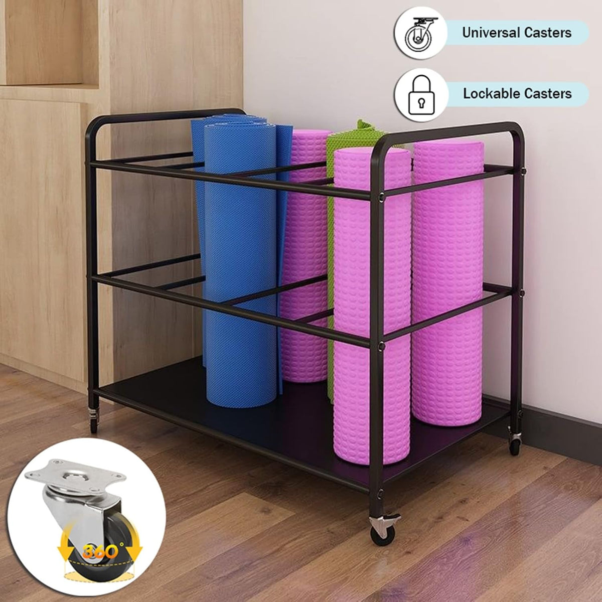 Home Gym Yoga Mat Rack - Rolling Foam Roller Storage Cart with Lockable Wheels, Metal Stand for Exercise Mats & Runner Rugs, Black, 31.5"X19.6"X27.5",Black,31.5x19.6x27.5in