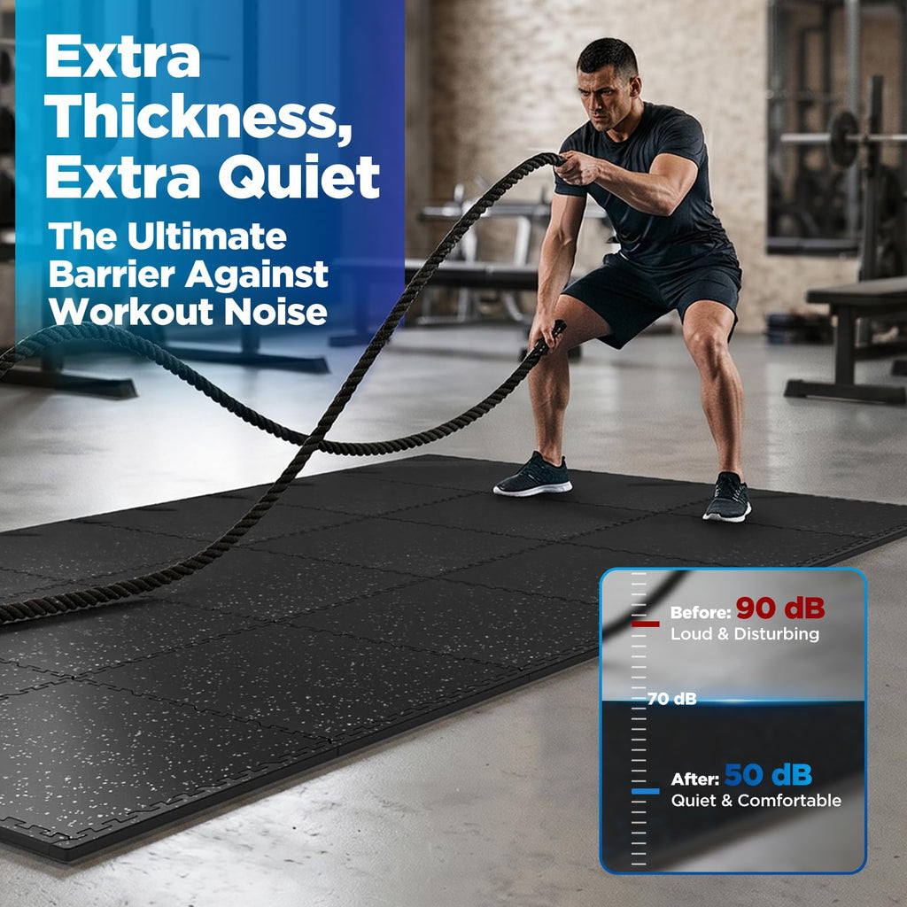 1'' Thick 48 Sq Ft Protective Gym Flooring for Home Gym, 12 Tiles Extra-Thick Rubber Top with High Density EVA Foam, Interlocking Exercise Equipment Mats, Heavy Weight Workout, Black & White