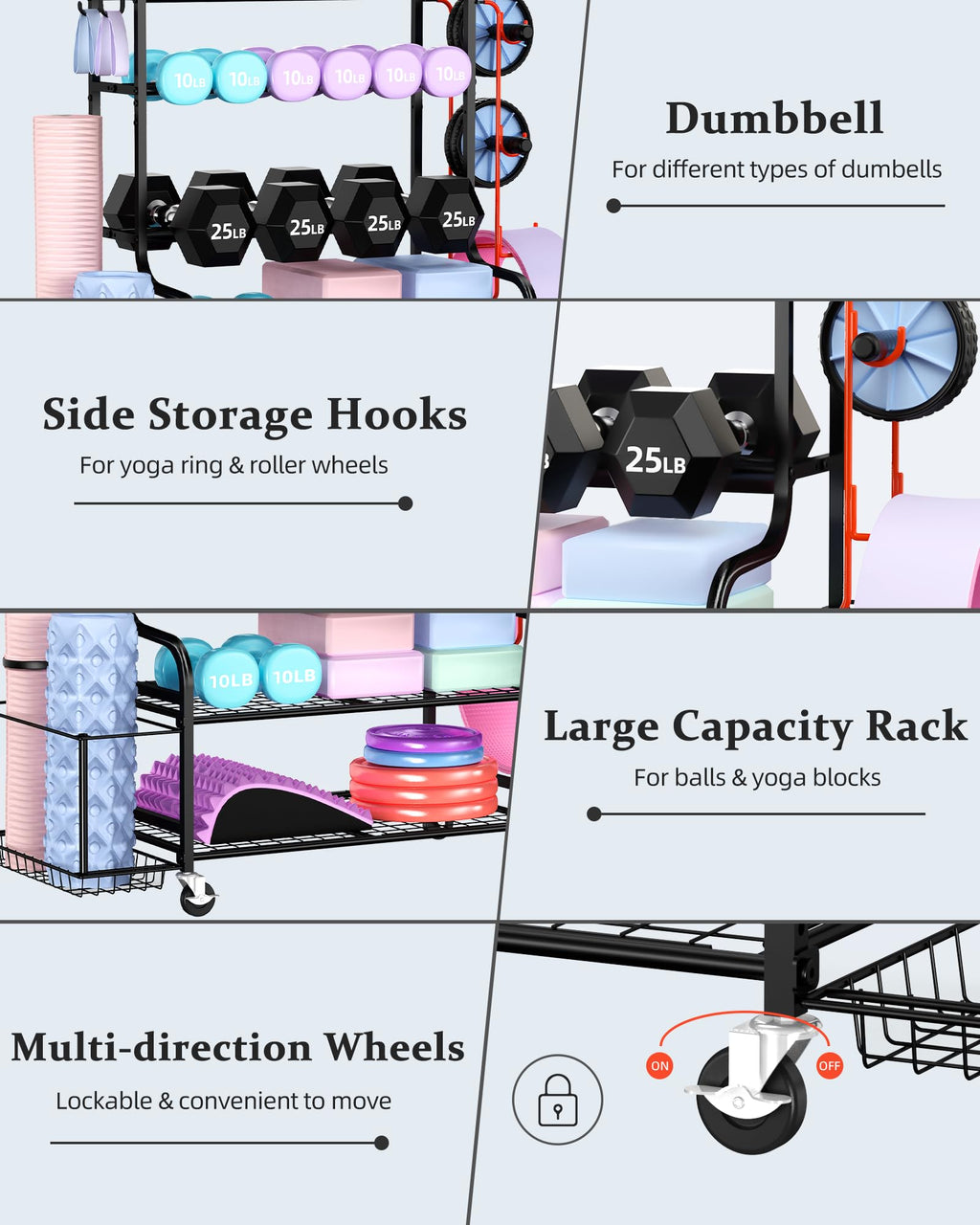 Mythinglogic Home Gym Storage Rack with Wheels for Dumbbells and Yoga Mats