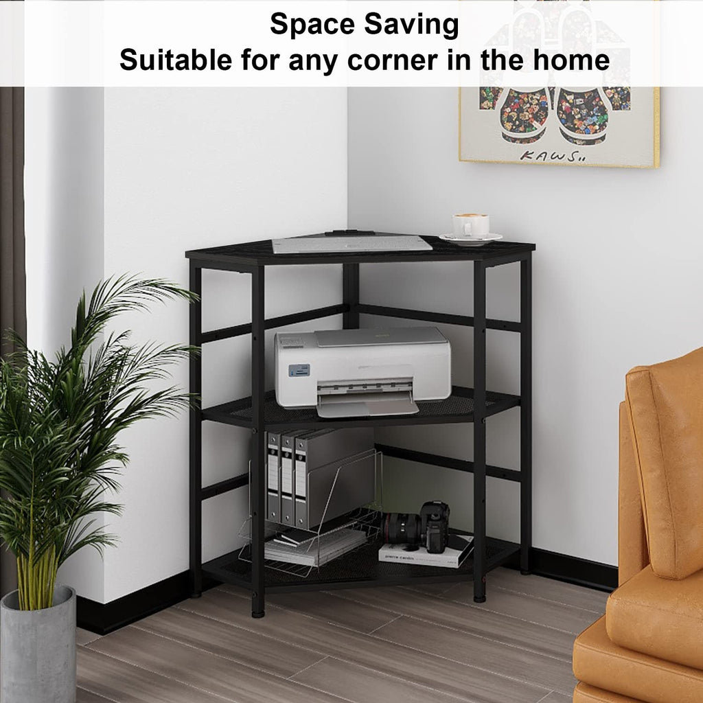 VEDECASA Corner Printer Stand Table with Power Outlet Charging Plugs USB Port Adjustable Storage Shelf Computer Tower CPU Stand Holder for Home Office (Brown)