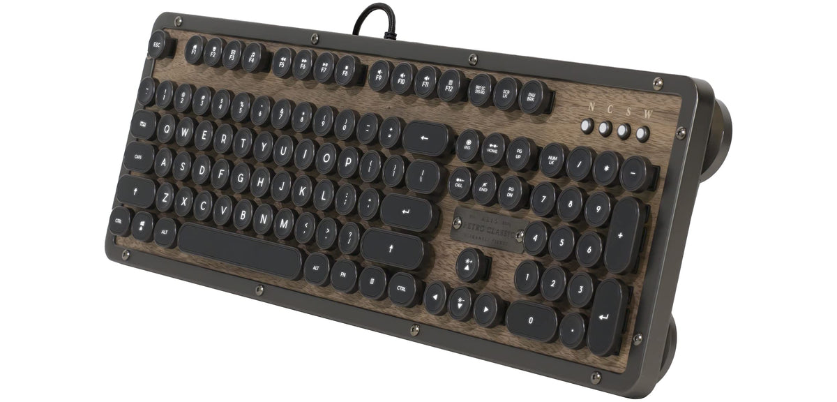 Azio Retro Classic Bluetooth Elwood - Bluetooth Luxury Vintage Backlit Mechanical Keyboard (Blue Switch, Walnut Wood, Gunmetal Matte Frame)(MK-RETRO-W-BT-01-US)