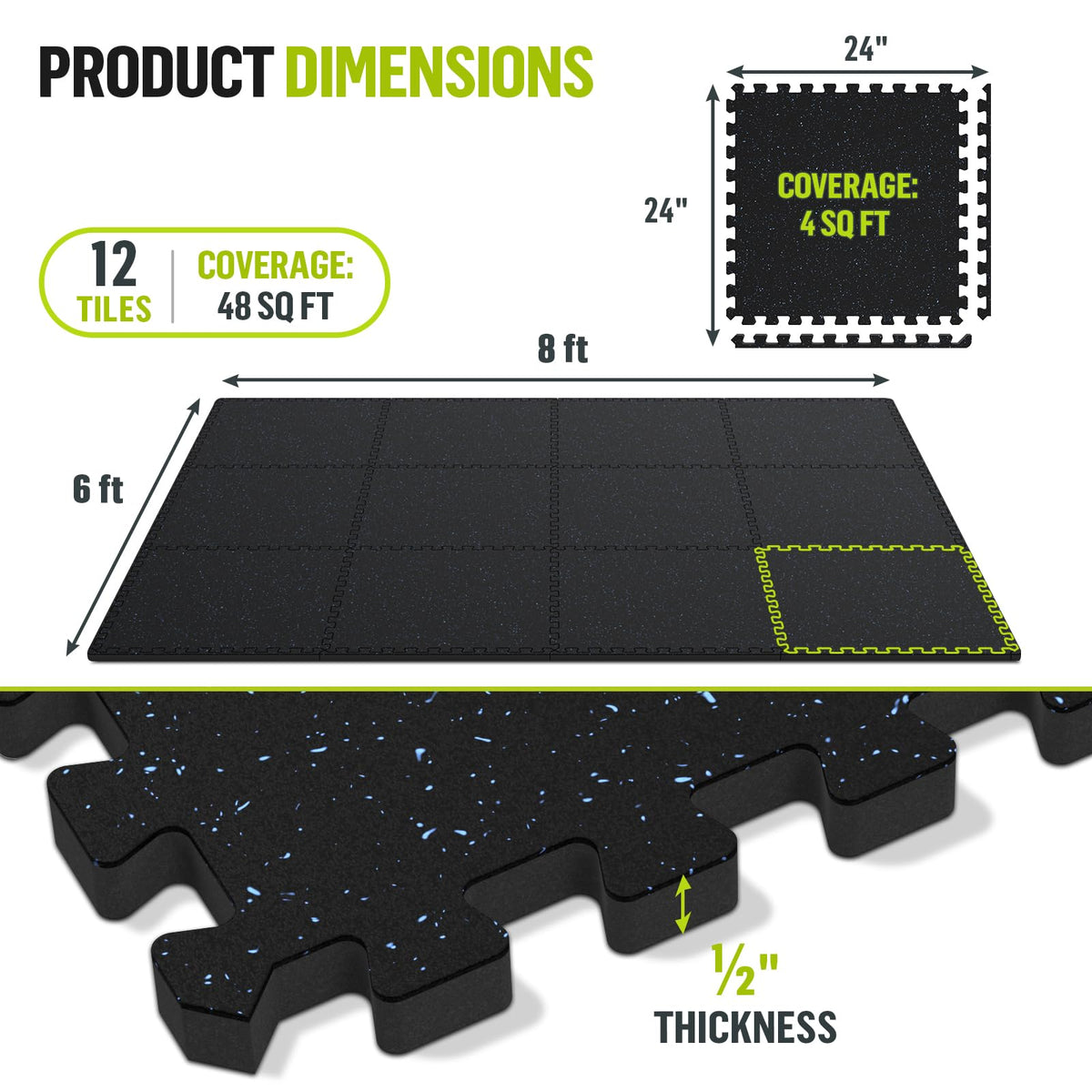 ProsourceFit Rubber Top Exercise Puzzle Mat Â½-inch, EVA Foam, Protective Interlocking Tiles for Home Gym Equipment and Workouts; Grey, 48 SQ FT, 12 Tiles