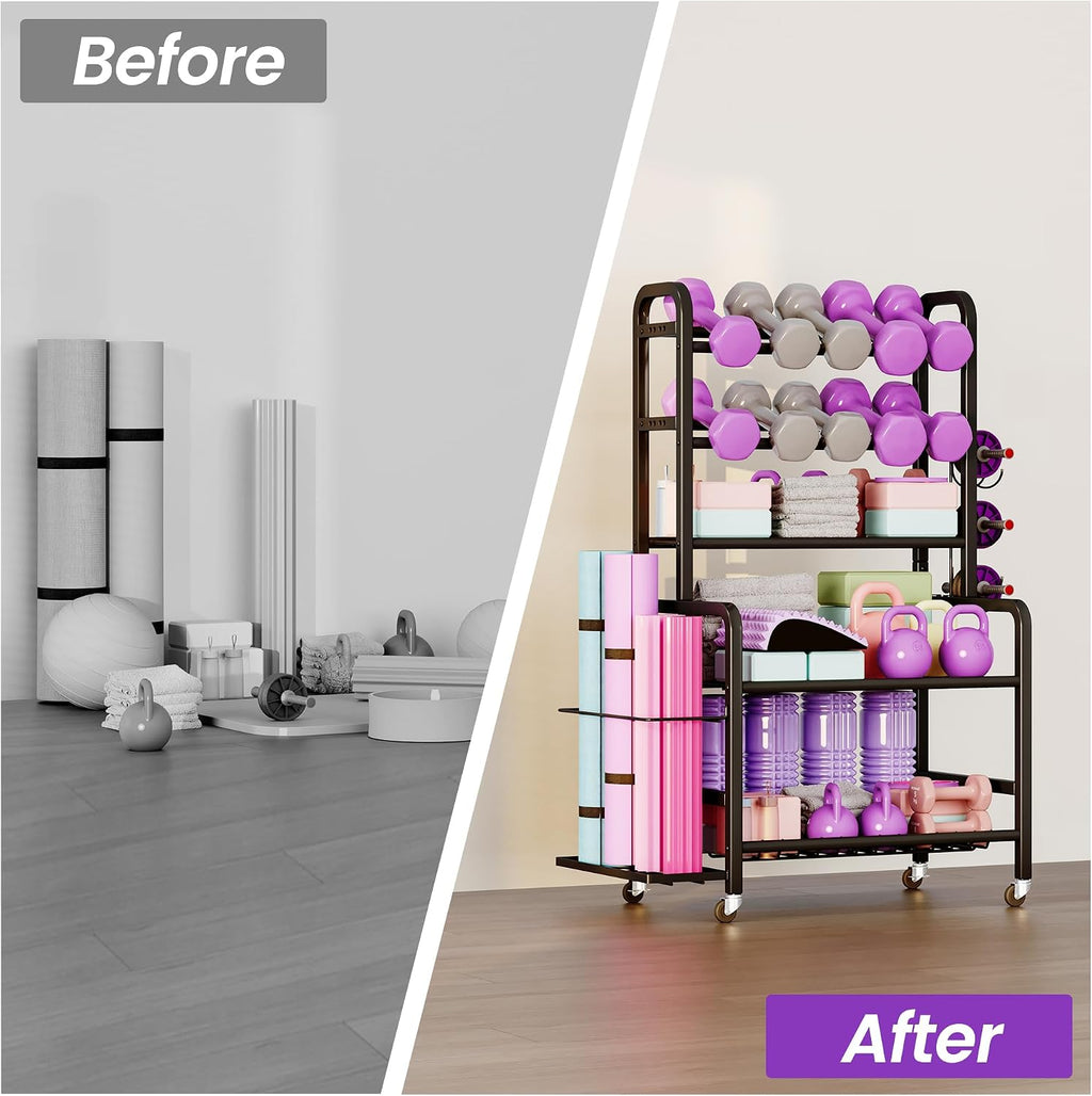 Homeiju Dumbbell Rack, Weight Rack for Home Gym, Yoga Mat Storage Holder with Lockable Wheels, Dumbbell Stand with Hooks, All in One Work out Equipment Storage for Yoga Mat Dumbbell and Balls