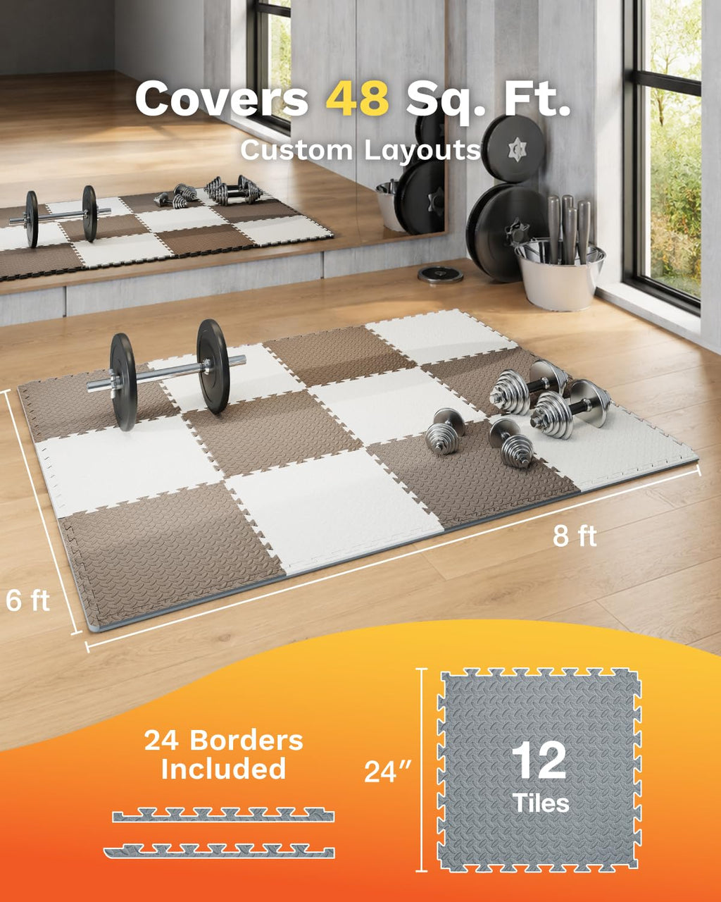 AIRHOP Upgraded 0.79" Extra Thick 48 Sq Ft High-Density Eva Foam Exercise Gym Mats, 12 Pcs Large Interlocking Puzzle Floor Tiles (24"x24") for Home Gym