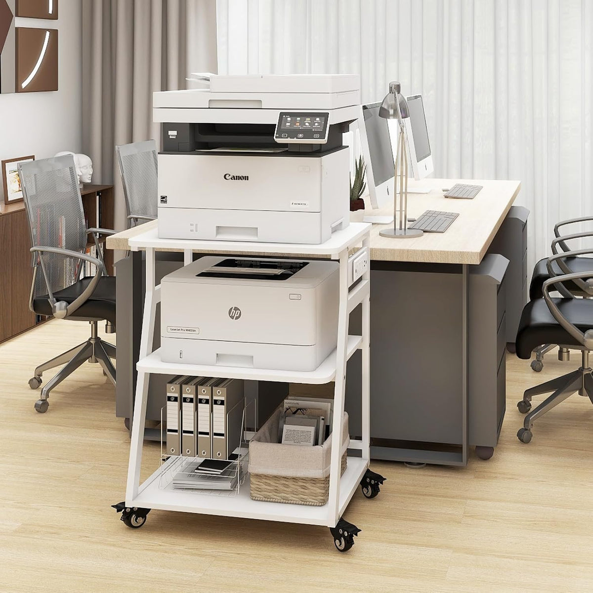 Natwind 3 Tier Large Printer Stand, 24"x20", with Charging Station,White