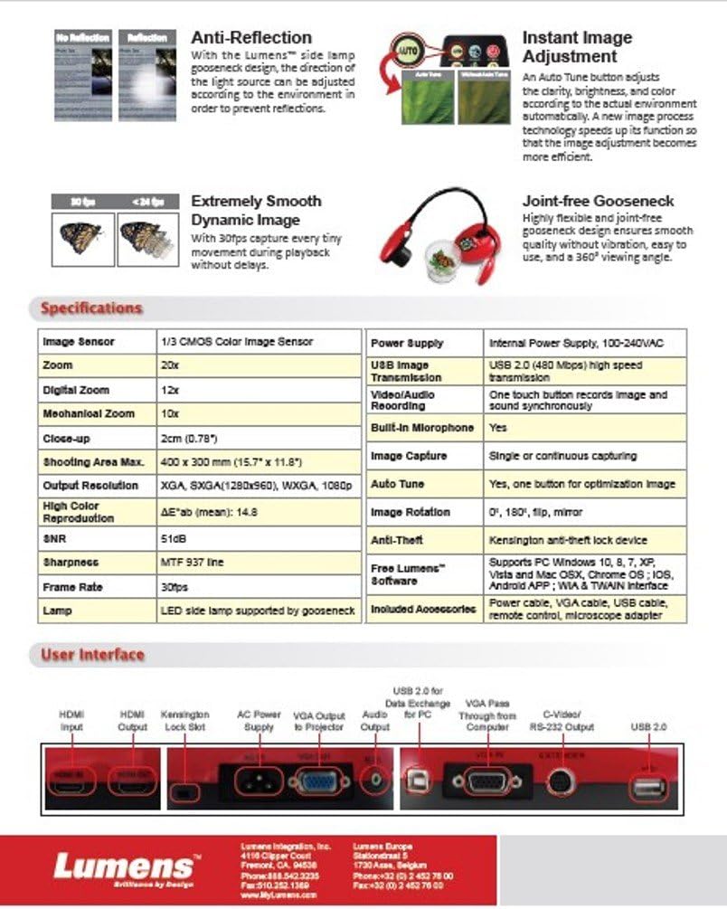 Lumens DC193 3.25MP Full HD VGA/HDMI Portable Document Camera, Built-in Microphone, 20x Zoom, Red