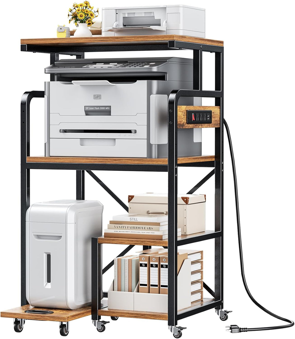 POKIPO 4 Tier Large Printer Stand Table with Power Outlet Adjustable Shelf