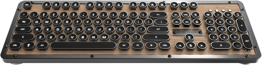 Azio Retro Classic Bluetooth Elwood - Bluetooth Luxury Vintage Backlit Mechanical Keyboard (Blue Switch, Walnut Wood, Gunmetal Matte Frame)(MK-RETRO-W-BT-01-US)
