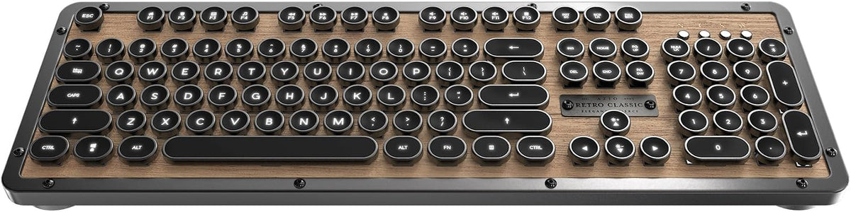 Azio Retro Classic Bluetooth Elwood - Bluetooth Luxury Vintage Backlit Mechanical Keyboard (Blue Switch, Walnut Wood, Gunmetal Matte Frame)(MK-RETRO-W-BT-01-US)