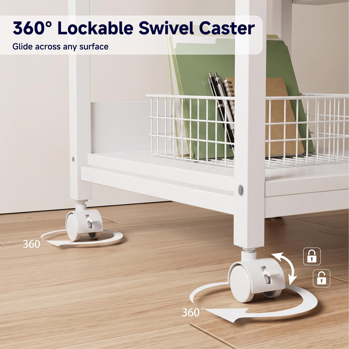 Tall Printer Stand with Charging Station, 4-Tier Mobile Cart, White