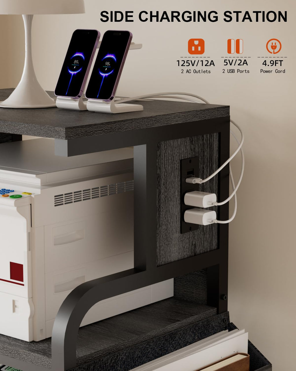Tall Printer Stand with Charging Station, 4-Tier Mobile Cart, White